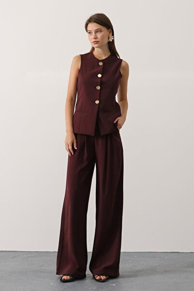 Trend Alaçatı Stili Women's Burgundy Gold Button Detailed Vest and Pleated Pa...