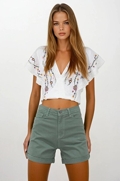 Trend Alaçatı Stili Women's Khaki 5 Pocket Double Leg Denim Shorts Vs00255