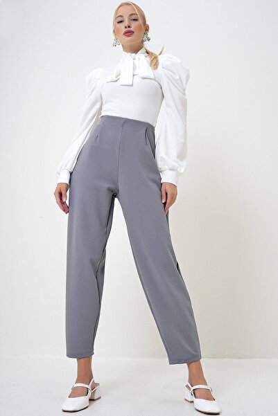 VAGGON High Waist Gray Crepe Trousers - Collared and Draped, Prm1083