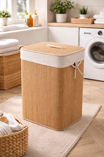 Evila Çok Amaçlı Dikdörtgen Bambu Sepet 60x30x50 cm – Kapaklı Çamaşır Sepeti