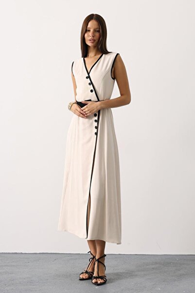 Trend Alaçatı Stili Women's Beige Contrast Detailed Buttoned Belted Midi Length Dress Vs01144