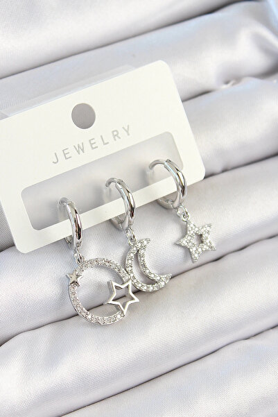 shopwave طقم أقراط نحاسية من حجر الزركون على شكل قمر ونجمة موديل فضي اللون مك...