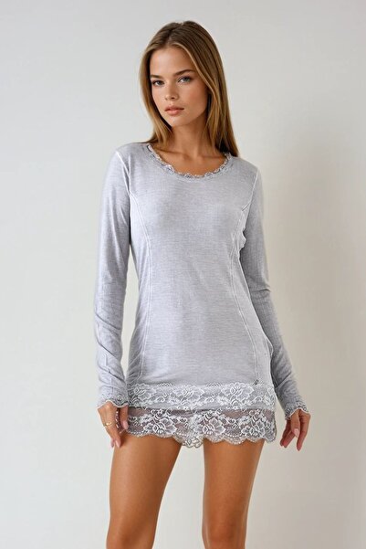 Trend Alaçatı Stili Women's Gray U Neck Lace Detailed Long Sleeve Mini Dress ...