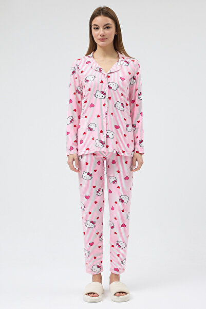Rays Pink Patterned Buttoned Women's Pajama Set 3000