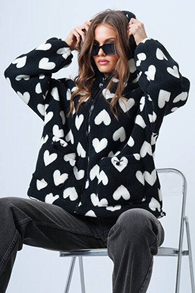 Trend Alaçatı Stili Women's Black Heart Mock Neck Lined Pocket O Oversized Plush Coat Vs01344