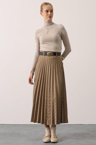 Trend Alaçatı Stili Women's Mink Belt Detailed Zippered Pleated Midi Length Suede Skirt Vs01530