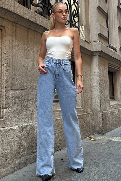 Trend Alaçatı Stili Women's Blue 5-Pocket Tassel Trim Wide Leg Jeans Vs00710