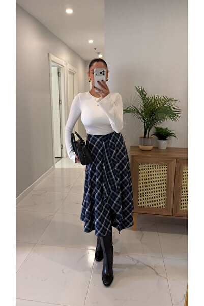 BİRCANÇİL Bers Blue Plaid Asymmetrical Pleated Detailed Skirt
