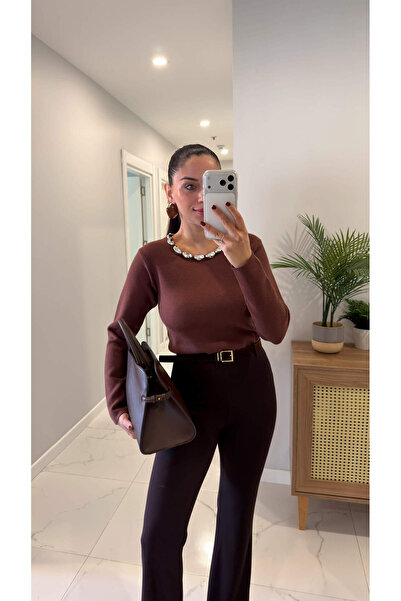 BİRCANÇİL Sonadra Brown Collar Beaded Detailed Knitwear
