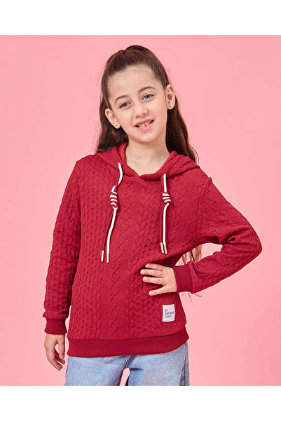 REDTAG Girls Burgundy Knitted Hooded Pullover