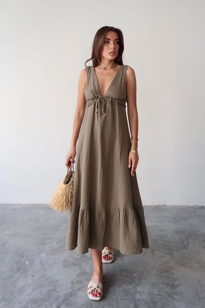 Trend Alaçatı Stili Women's Mink V-Neck Ruffle Detailed Muslin Lined Dress Vs00671