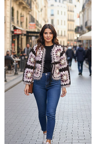 Artepieza co. El Örgüsü Koton Tüylü Hırka-Özel Tasarım Renkli Motifli Örgü Ce...