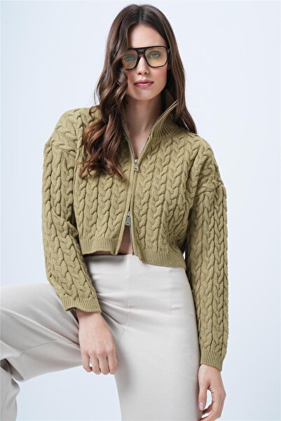 Trend Alaçatı Stili Women's Khaki Knitted Patterned Zippered Knitwear Cardigan Vs01519