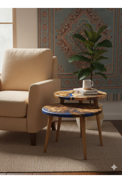 GökçesanSehpa Ahşap & Epoksi 2'li Yan Sehpa Doğal Masif Ahşap