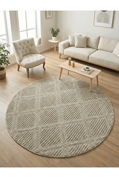 Anaska Home Modern Yuvarlak Bej Halı Kabartma Dokulu, Minimal Desenli Salon &...