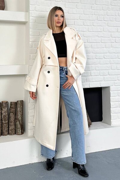 Trend Alaçatı Stili Women's Ecru Oversized Belted Double Button Unlined Long Coat Vs01605