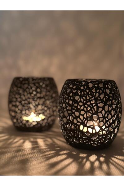 3D Voronoi Dekoratif Siyah Mumluk 2'li Set | Modern File Desenli Tealight Mum...