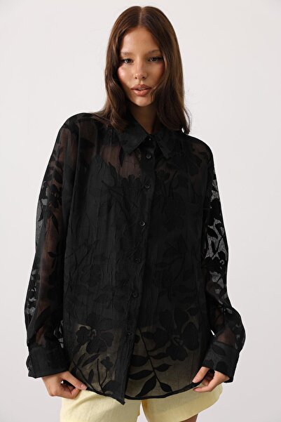 VAGGON Cămașă neagră cu mânecă lungă și imprimeu floral transparent pentru fe...