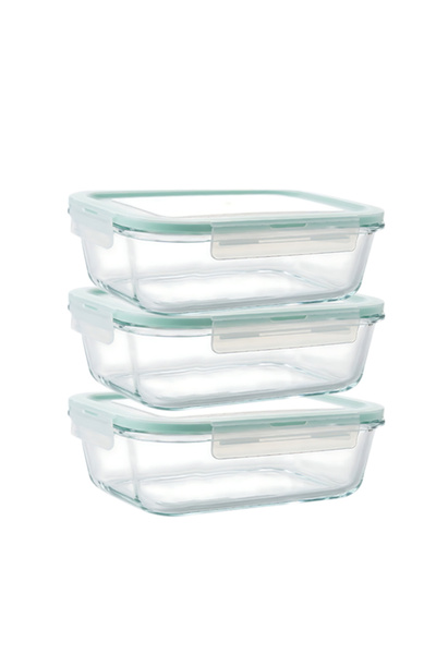 Bisbell 3-Piece Airtight Oblong Glass Food Container Set - 640ml Leak-Proof M...