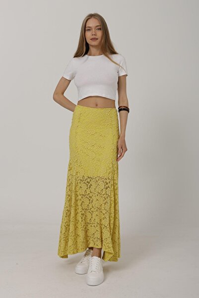 Trend Alaçatı Stili Women's Yellow Elastic Waist Lined Lace Embroidered Midi ...