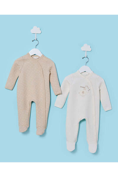 REDTAG Baby Beige And White Jacquard Sleepsuit Set (2 Piece)