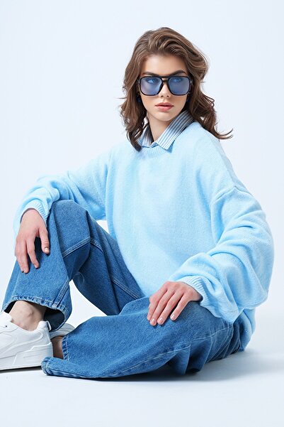 Trend Alaçatı Stili Women's Blue Crew Neck Oversized Wool Blended Knitwear Sweater Vs01186