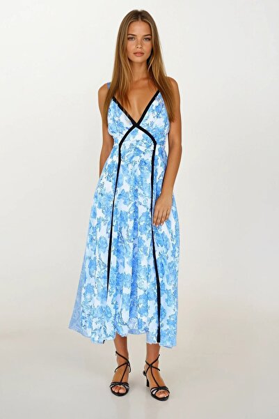 Trend Alaçatı Stili Women's Blue Piped Thread Strap V-Neck Midi Length Floral Dress Vs00429