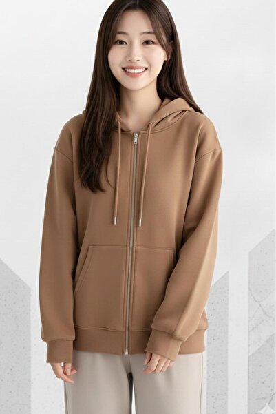 NO 601 Women's Camel Full Zip Hooded Cardigan
