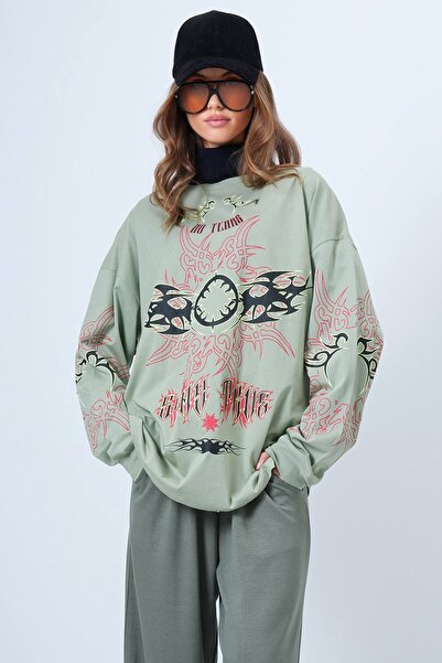 Trend Alaçatı Stili Kadın Haki Unisex Bisiklet Yaka Baskılı Sweatshirt Vs01314