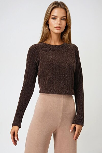 VAGGON Pulover tricotat cu mânecă lungă, cu textura din catifea maro, pentru ...