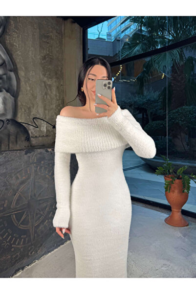 missswans Rittary Madona Yaka Angora Uzun Elbise Beyaz