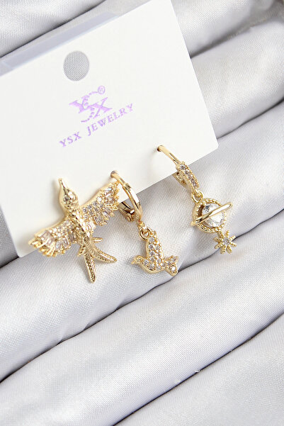 shopwave أقراط نسائية من النحاس والزركون مكونة من 3 قطع على شكل طائر ذهبي الل...