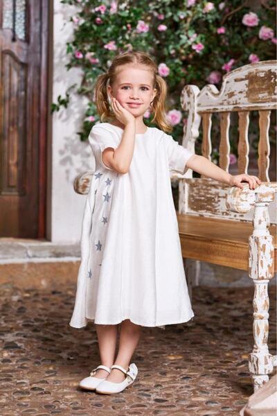 Alesaei-mondo tondo جلابية بناتي بيضاء مزينة بنقشات نجوم 7062