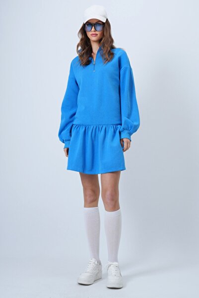 Trend Alaçatı Stili Kadın Mavi Dik Yaka Fermuarlı Sweat Elbise Vs01313