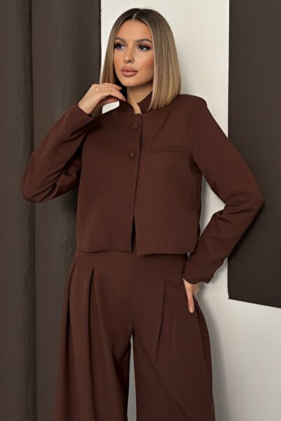 Trend Alaçatı Stili Women's Bitter Brown High Collar Blazer Shoulder Pad Piece Lined Jacket and Pleated Zippered Palazzo Pants Set V