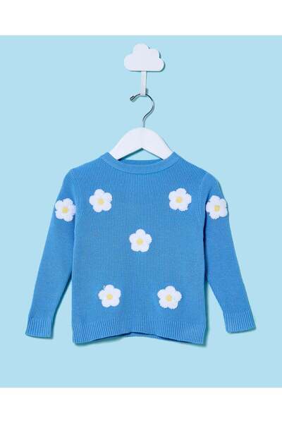 REDTAG كنزة زرقاء للبنات الصغيرات مزينة بزهرة ثلاثية الأبعاد