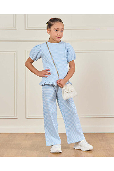 REDTAG Girls Blue White Popcorn Jacquard Wide Leg Sets