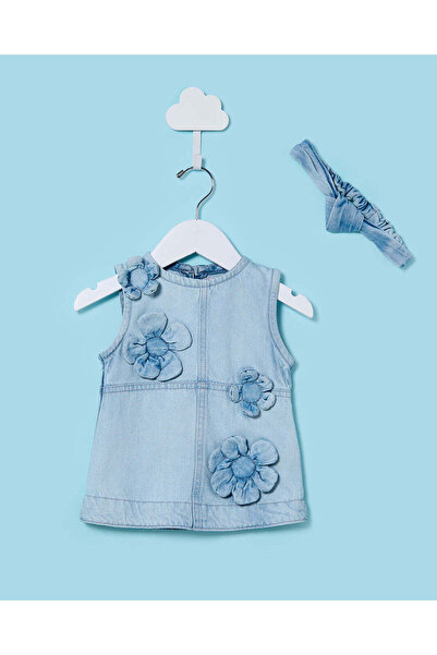 REDTAG Infant Girls Blue Embroidered Dress