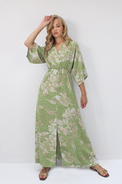 Trend Alaçatı Stili Women's Green Beige Double-Breasted Collar Elastic Waist Bat Sleeve Slit Maxi Dress Vs00220