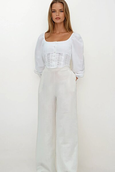 Trend Alaçatı Stili Muslină pentru femei, ecru, cu buzunare duble, cu talie elastică pantaloni palazzo VS00208