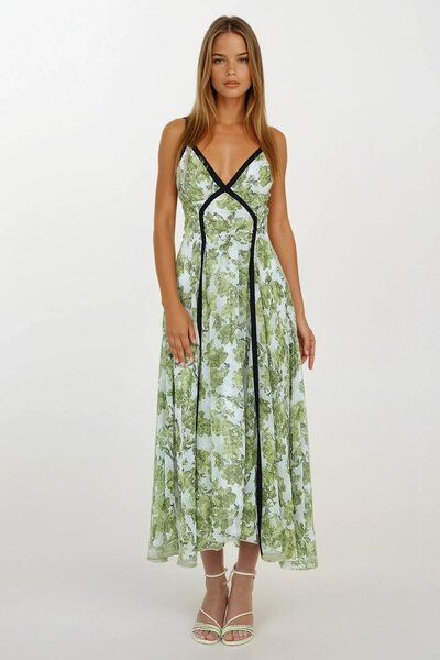 Trend Alaçatı Stili Women's Green Piped Thread Strap V-Neck Midi Length Floral Dress Vs00429
