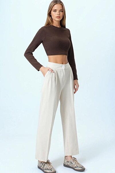 Trend Alaçatı Stili Women's Beige Double Pocket Button Closure Palazzo Pants ...