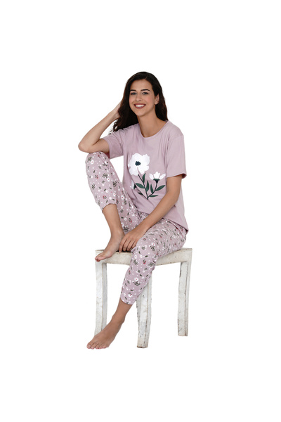 LAUREN SMITH Women's Pajama Set Half Sleeve Top with pants 2 Piece Sleepwear Cotton Ladies Soft Pjs Lounge Set