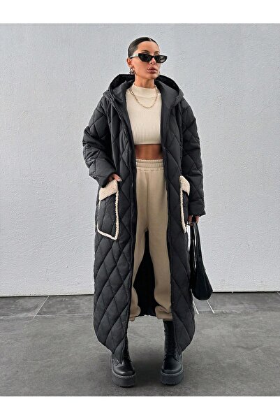 Podyum Park Kadın Oversize Kapüşonlu Uzun Şişme Kaban