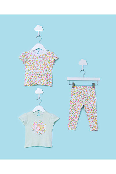 REDTAG Infant Girls White And Mint T-Shirt With Leggings (3 Piece)