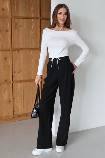 Trend Alaçatı Stili Women's Black Lace-Up Double Pocket Zippered Palazzo Pant...