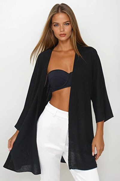 Trend Alaçatı Stili Women's Black Oversize Long Knitwear Cardigan Vs00252