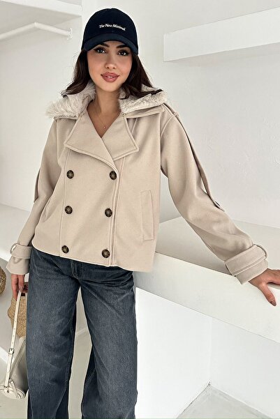 Trend Alaçatı Stili Women's Stone Button Sleeve Detail Fur Collar Cashmere Li...