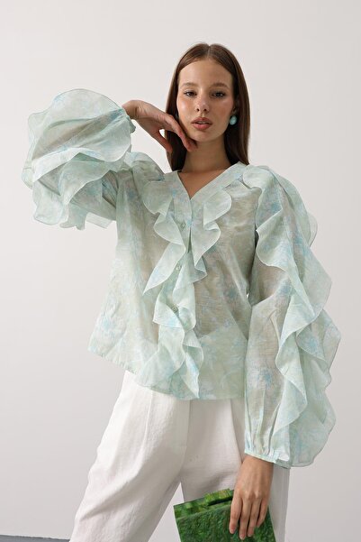 Trend Alaçatı Stili Women's Green Ruffled Floral Pattern Long Sleeve Shirt Vs...