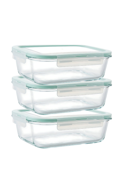 Bisbell 3-Piece Airtight Oblong Glass Food Container Set - 1040ml Leak-Proof ...